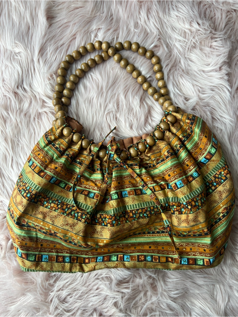 Boho Striped Beaded Handle Tote Bag in Gold and Green